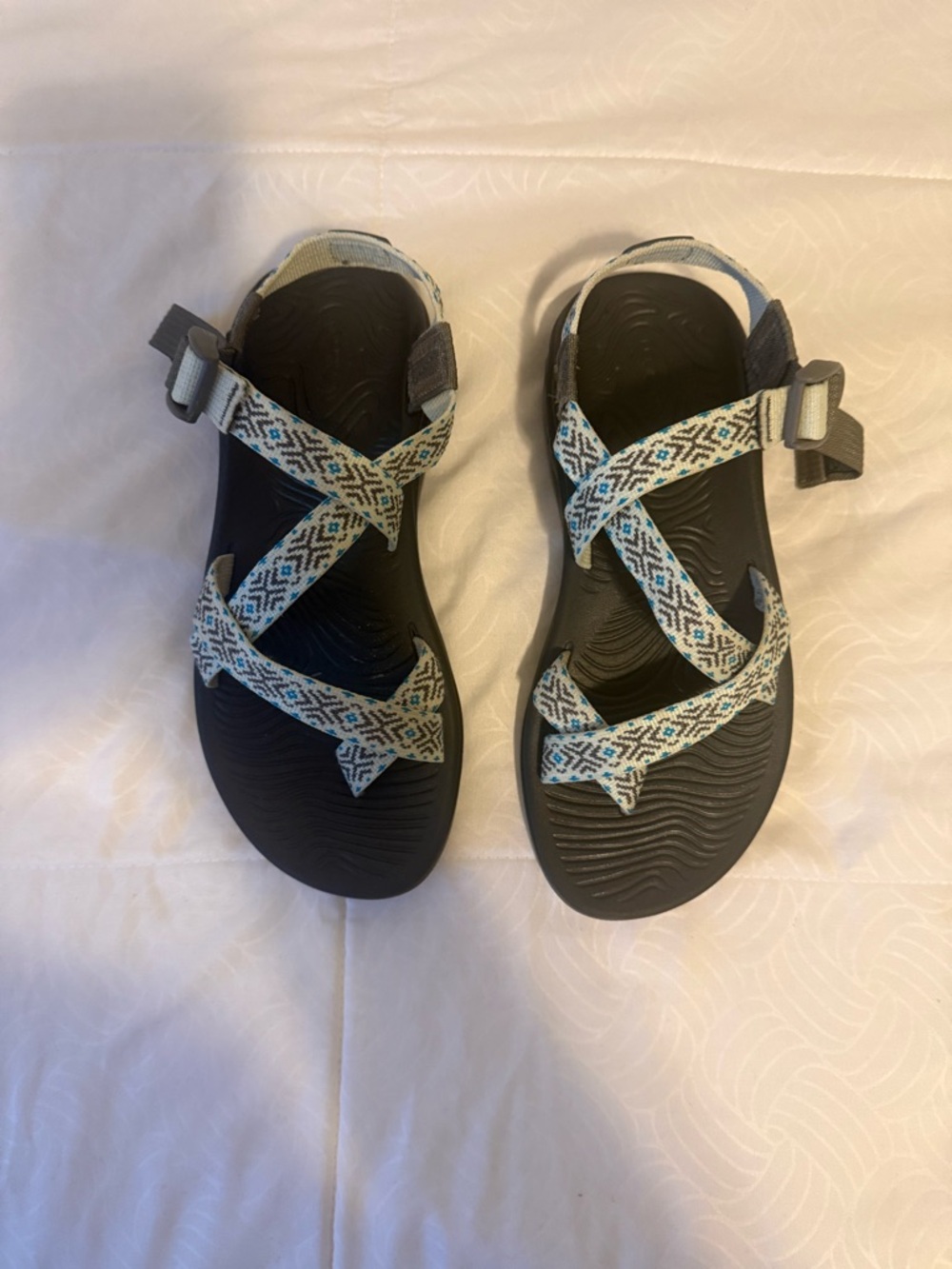 Chaco Women's Strappy Sandals in Black with Light Blue Patterned Straps